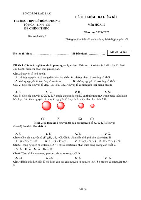Đề thi Giữa kì 1 Hóa học 10 năm 2024-2025 trường THPT Lê Hồng Phong (Đắk Lắk)